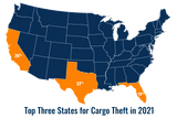 Top three states for cargo theft in 2021 - map showing CA 26% TX 22% FL 10%