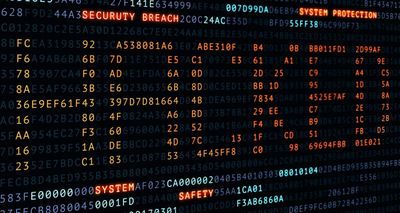 Scrambled hexadecimal code and digital text in blue and orange highlight a security breach warning on a dark screen