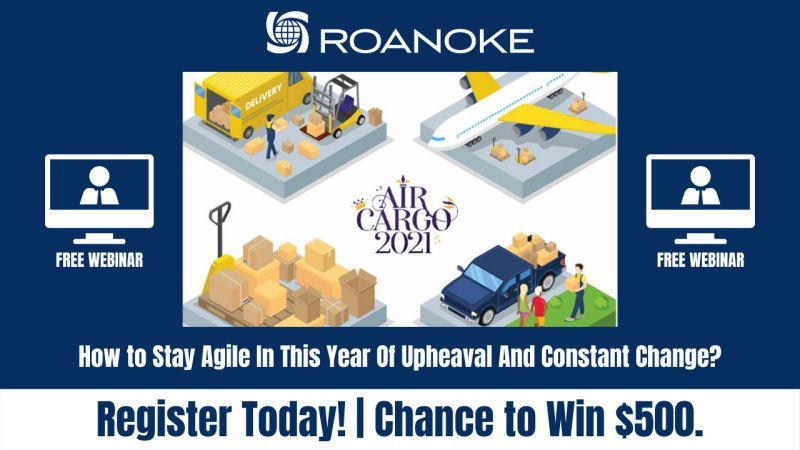 Roanoke Air Cargo 2021 webinar promotional banner with logistics illustrations and prize offer